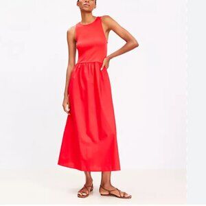 Loft Poplin Mixed Media Midi Pocket Dress in Red